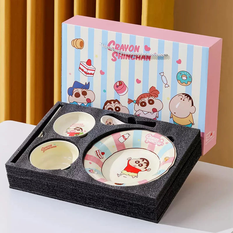 New 1Set/5Pcs Cartoon Anime Crayon Shin Chan Ceramics Gift Box Set Breakfast Home Office Rice Bowl Plate Beautiful Kid Mug Gift