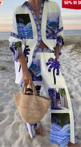 Fashion Print Beach Holiday 2-Piece Set Women Spring Summer Long Sleeve Shirt Top + Wide Legs Women's Oversized Two-Piece Outfit