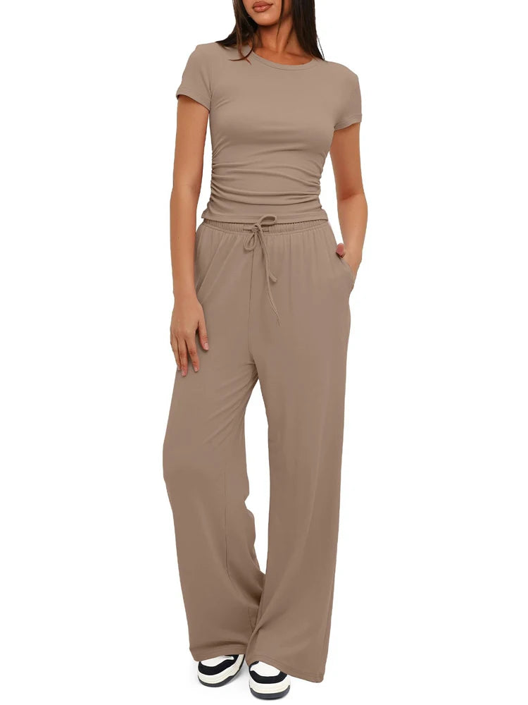 Summer Solid Loose Casual Tracksuit Women's Two Pieces Set O Neck Short Sleeves T-shirts and Wide Leg Pants Sets Sportswear Set