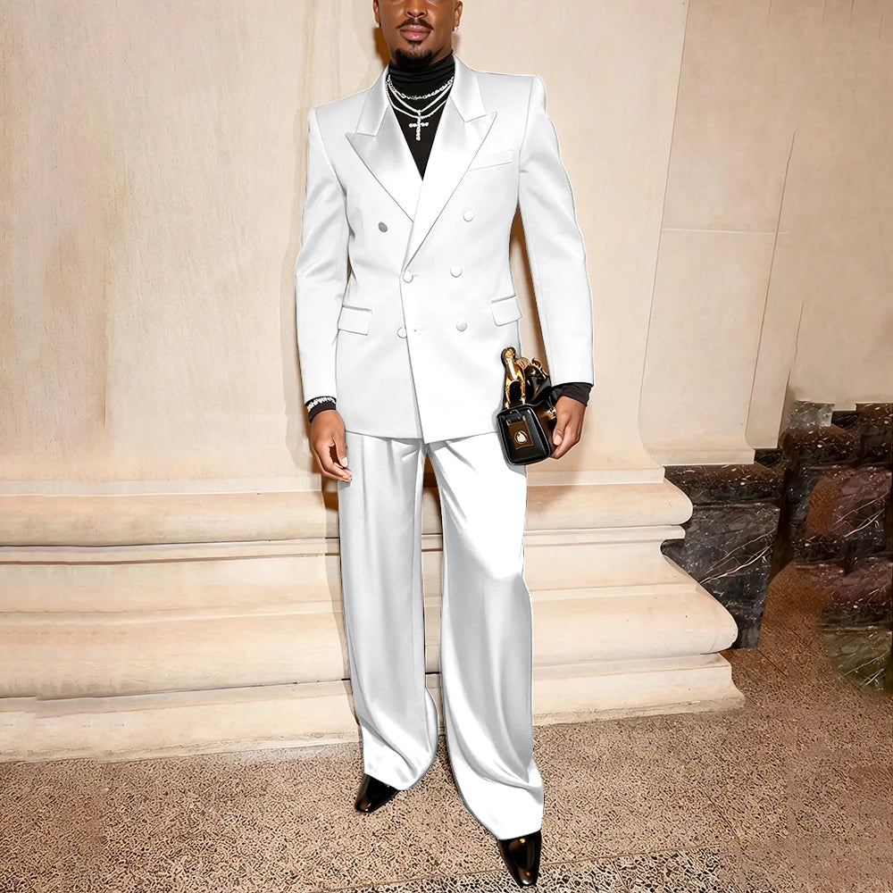Elegant Men's Suits Classic Black Two Pieces Pant Sets Double Breasted Peaked Lapel Blazer Wedding Guest Evening Party Costume
