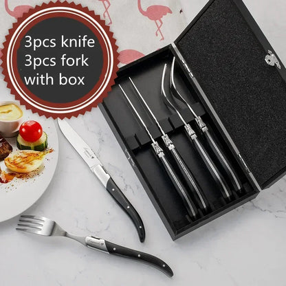 2-10pcs Laguiole Steak Knifes Dinner Knives Black Wood Handle Dinnerware Stainless Table Knife and Fork Wooden Tableware Cutlery