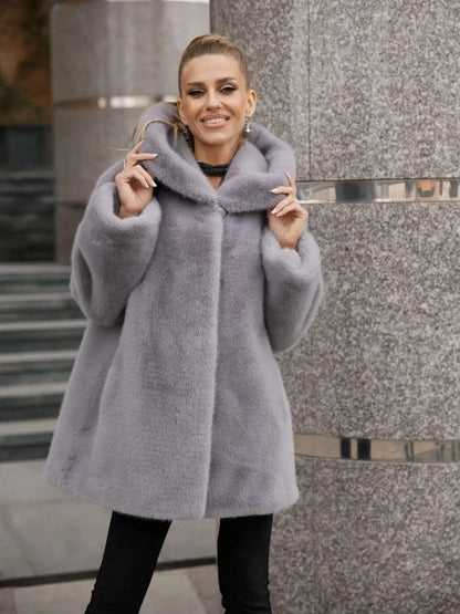 2026 Autumn Winter Women Faux Mink Fur Jacket Hooded Lapel Collar Open Front Mid Long Fluffy Coat