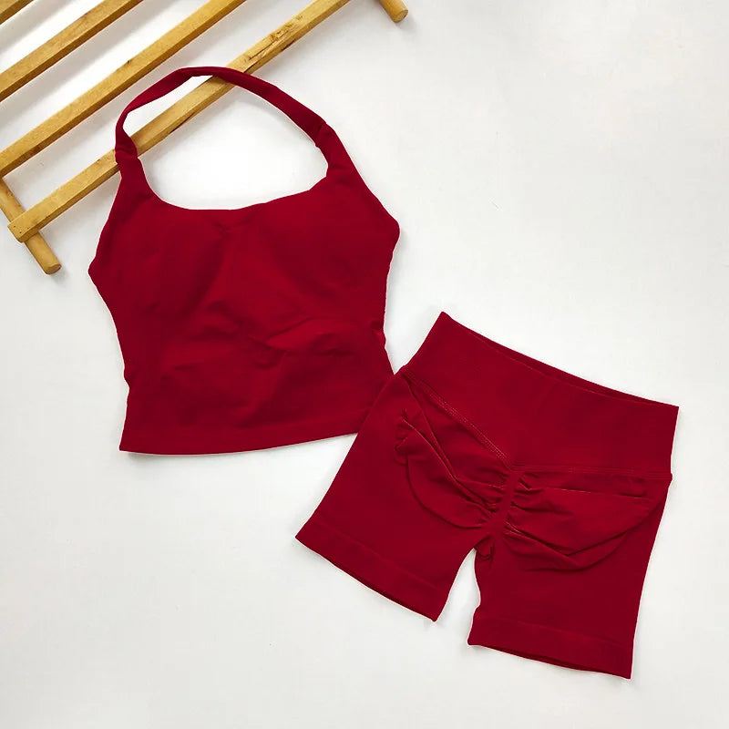 VEQKING Seamless 2pcs Women Yoga Sets Open Back Longline Sports Halter Bras Running Tank Tops Scrunch Butt Gym Workourt Shorts