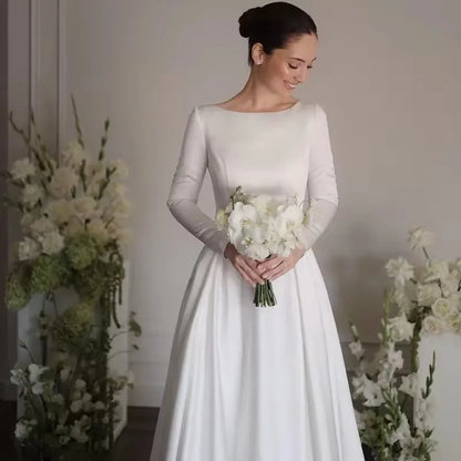 White A-Line Long Wedding Dresses Simple O-Neck Long Sleeve Bride Dress 2025 Boho Beach Wedding Prom Gowns Customized