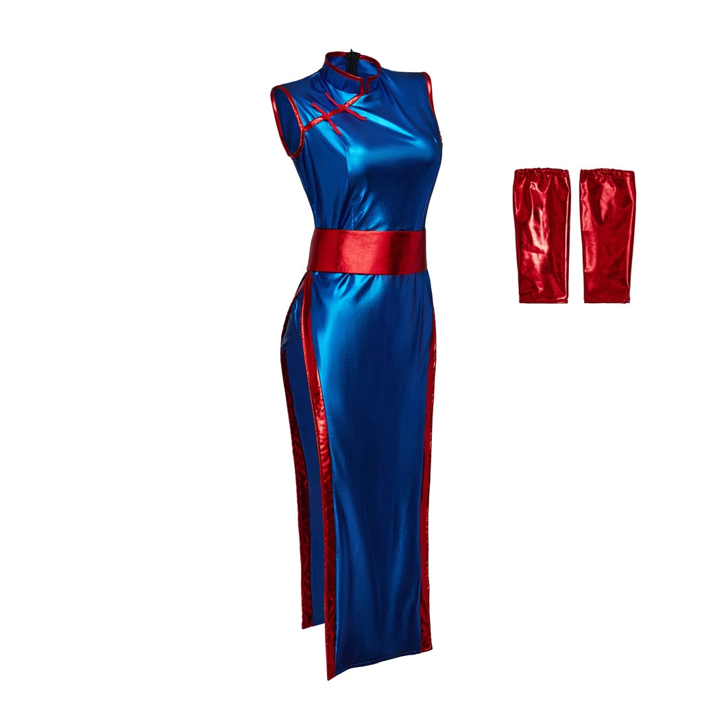 Anime Chichi Cosplay Costume High Split Cheongsam Woman's Sexy Blue Battle Suit Halloween Party KongFu Dress