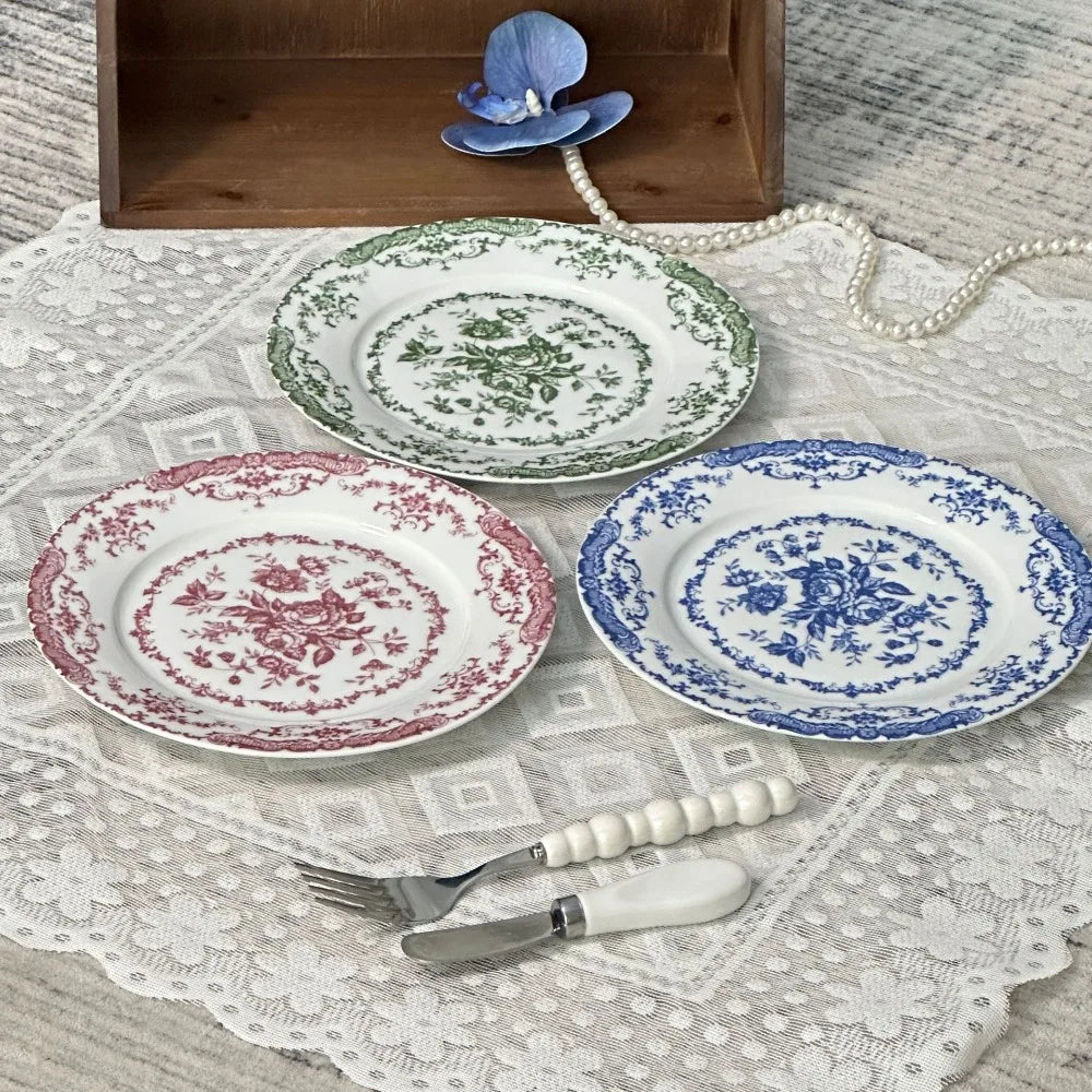 Dinner Set Retro Nordic Flower Pattern Disc Round Ceramic Dinner Plate Exquisite Light Luxury Shallow Plate Hotel