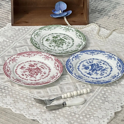 Dinner Set Retro Nordic Flower Pattern Disc Round Ceramic Dinner Plate Exquisite Light Luxury Shallow Plate Hotel