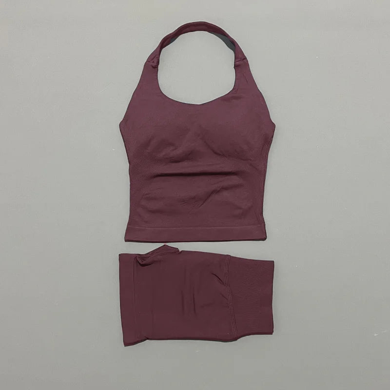 2 Pieces Shorts Yoga Set Women Backless Halter Tops High Waist Seamless Shorts Gym Suit Fitness Sportswear Workout Sets