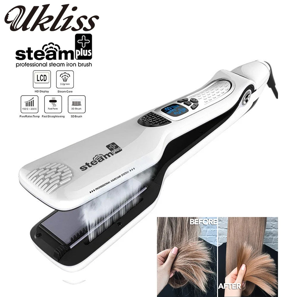 Steam Hair Straightener Brush Ceramic Flat Iron Professional Hair Straightening Iron Comb Electric Hair Crimper Heating Comb