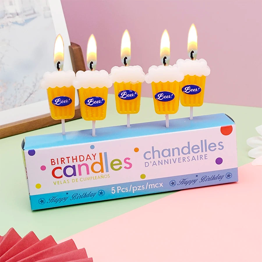 5PCS Beer Themed Birthday Cake Decoration Candles for Men's Father's Day Adult Bar Party Cartoon Candles