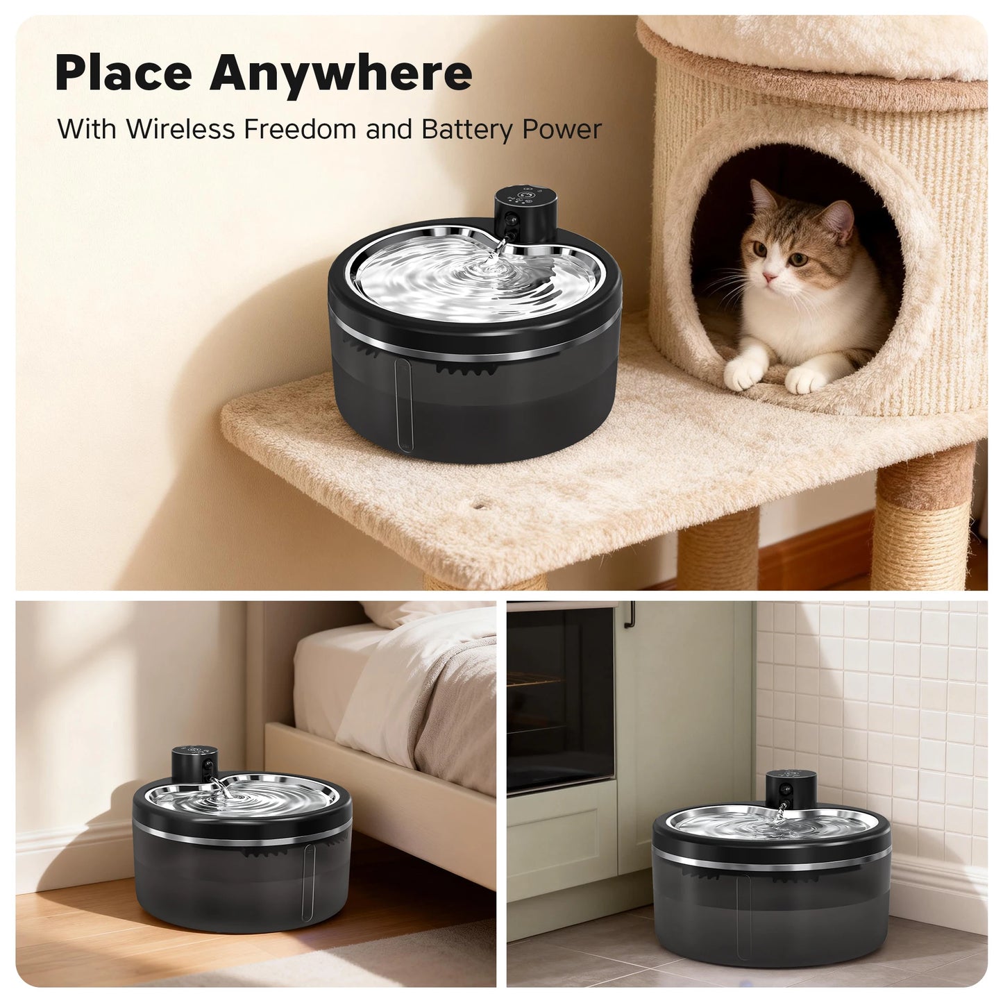 3L Wireless Cat Water Fountain Mute Pet Water Dispenser With Stainless Steel Tray and Intelligent Sensing, 4000mAh Large Battery