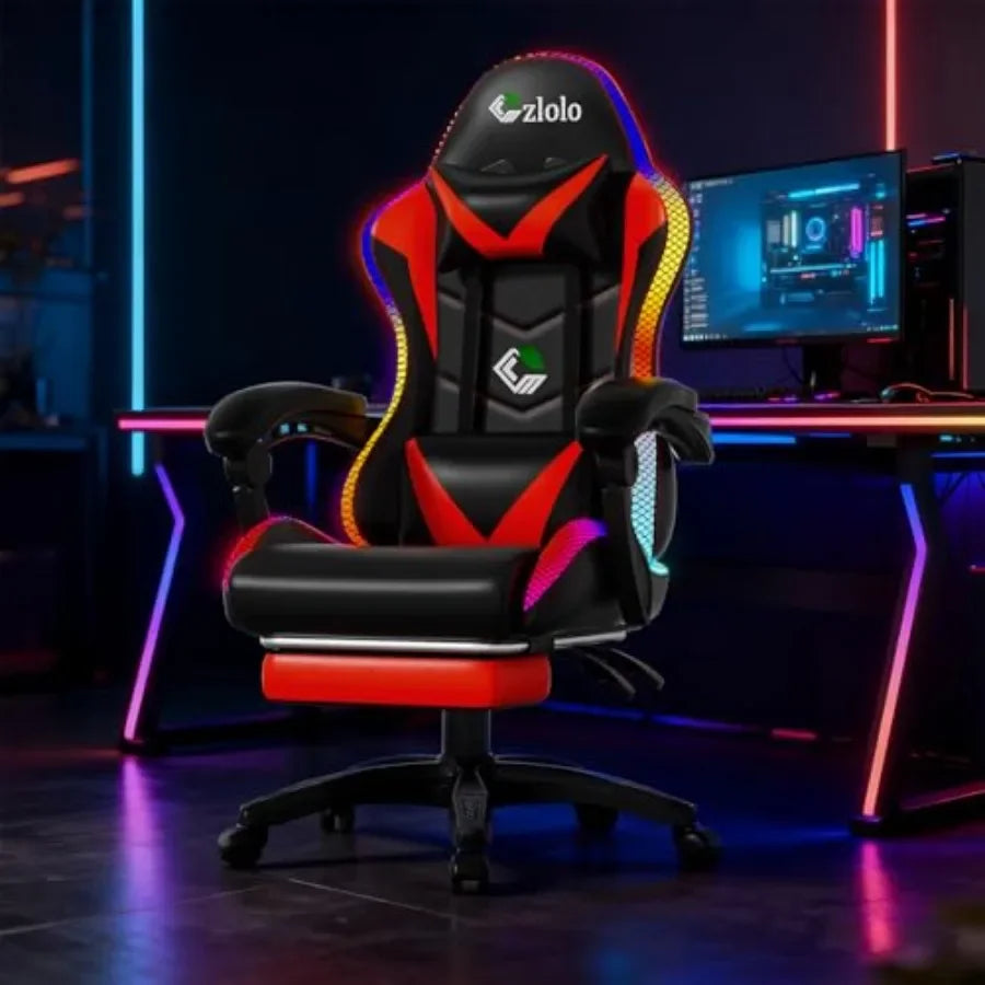 Gaming Chair for Adults and,Racing Style PU Leather Black with RGB LED Lights, Lumbar Massager, High Back Reclining Computer Ch