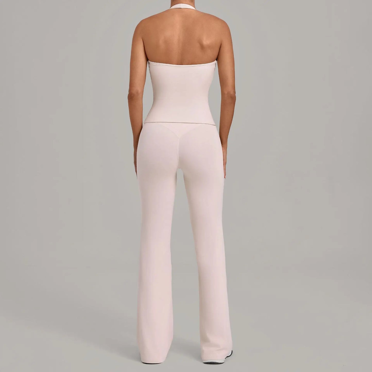 Women Halter V Neck 2Pcs Yoga Outfit Backless Crop Top High Waist Flare Pants Soft Stretch Workout Gym Pilates Casual Tracksuit