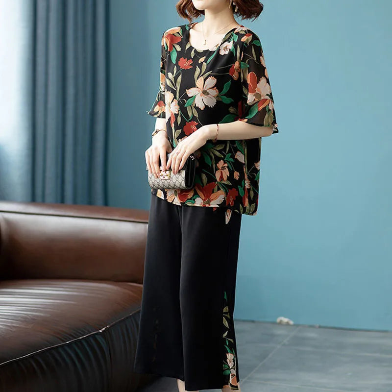 Summer Ladies Fashion Printing Wide Leg Pants 2PCS 2025 Women Short Sleeve Pantalons Outfit Korean Femme Chiffon Two-piece Set