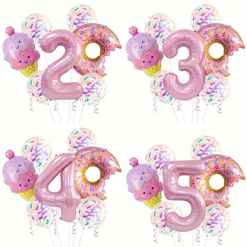 7-Piece Set of Cute Pink Donut Candy Foil Balloons 40inch Ice Cream Themed Birthday Party Scene Decoration Photo Props Indoor and Outdoor Decoration Cool Summer Gifts Anniversary Supplies, Halloween Decorations, Christmas Dec