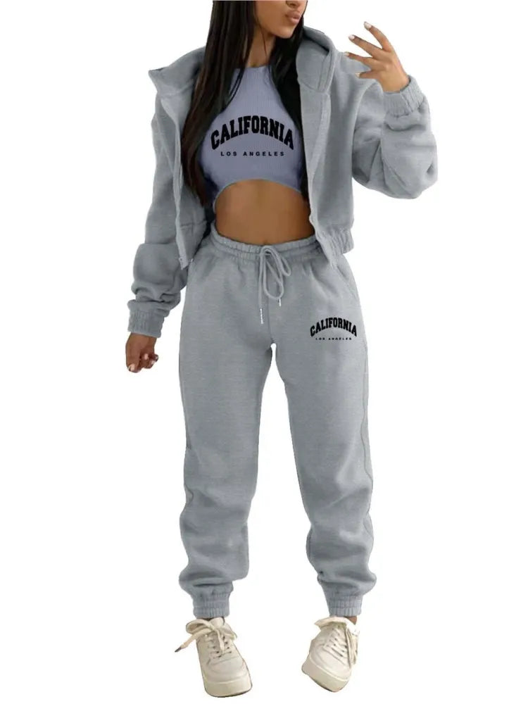 Autumn And Winter New Fleece Hoodie Letter Print Hooded Women's Suit Fashion Loose Casual Sports Pants Female 3 Piece Set 2024