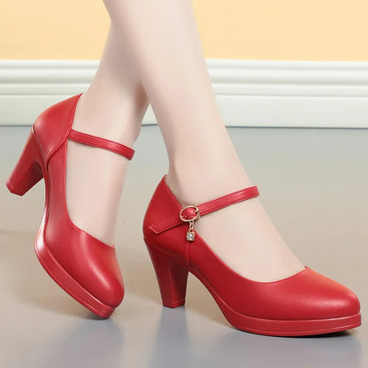 Fashion Soft Leather Silver Red Wedding Shoes Women Mid heel Black Heels Platform Pumps Women for Office high heels Shoes Large