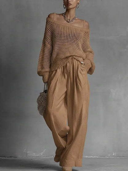 Vintage Women 2 Piece Outfit Off Shoulder Hollow Out Knit Sweater Top Elastic Drawstring Wide Leg Long Pants Casual Matching Set
