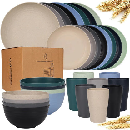 Natural Wheat Straw Tableware Set Dinnerware Sets Biodegradable Unbreakable Plates, Bowls, Cups Lightweight for Kitchen Camping
