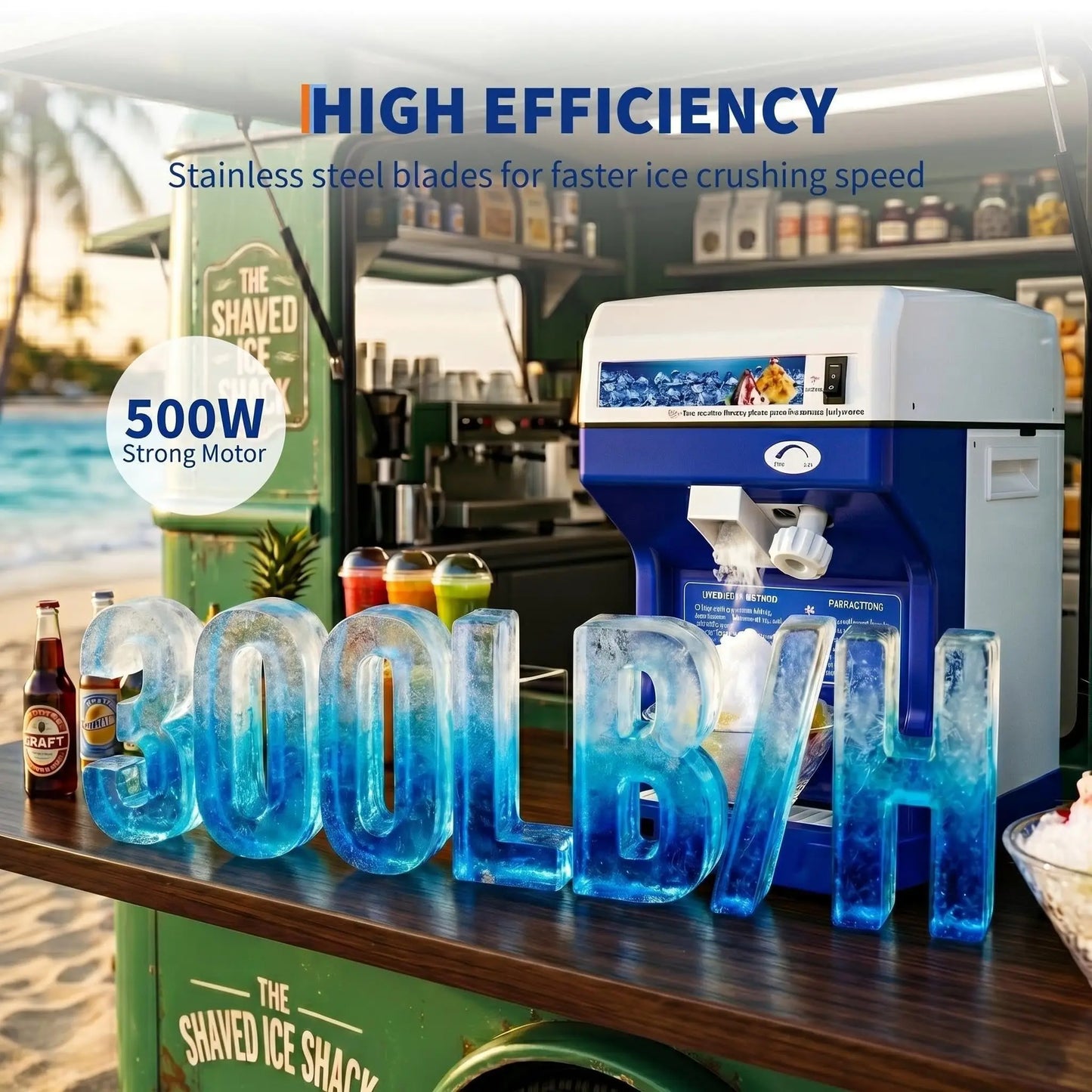Commercial Shaved Ice Maker, 300Lbs/H Electric Ice Shaver with 5L Hopper, 500RPM Stainless Steel Snow Cone Maker & Ice Crusher, Adjustable Ice Texture for Home, Parties, Business, Blue