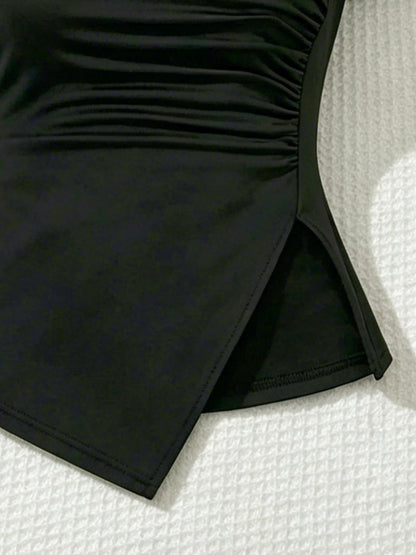 2 Pcs Women Crew Neck Side Ruched Split Hem Short Sleeve Tee High Waist Fold Over Side Drawstring Flared Pants Set Solid Black S