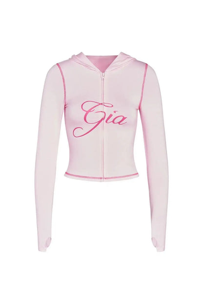 Gia Straight Shoulder Slim Letter Print Slim Hooded Zipper Short Jacket Sports Casual Pants Set