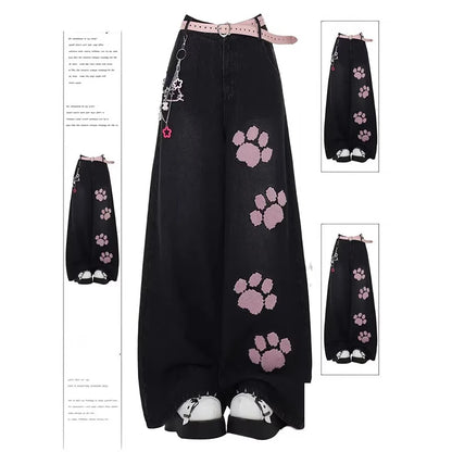 Women Blue Y2k Baggy Embroidery Jeans Aesthetic 2000s Style Boyfriend Jean Pants Vintage Harajuku Oversize Denim Trousers Summer