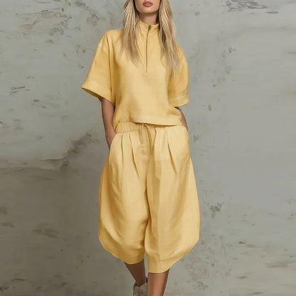 Summer Zipper Half Sleeve Shirt High Waist 3/4 Length Pants Suit Women Comfortable Two Piece Set Female Tracksuits