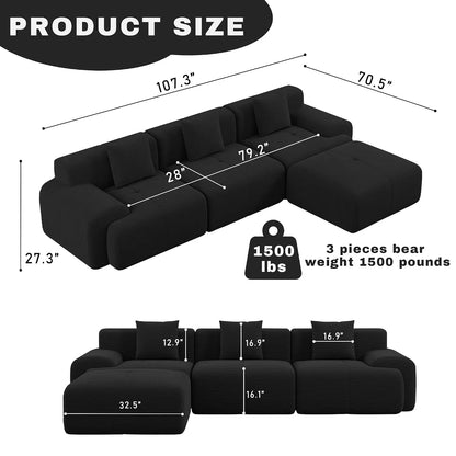 107" Cloud Modular Sectional Couch,Boneless Sofa with Ottman,L-Shape Upholstered Sofas with Deep Seat,Modern Cozy, Custom
