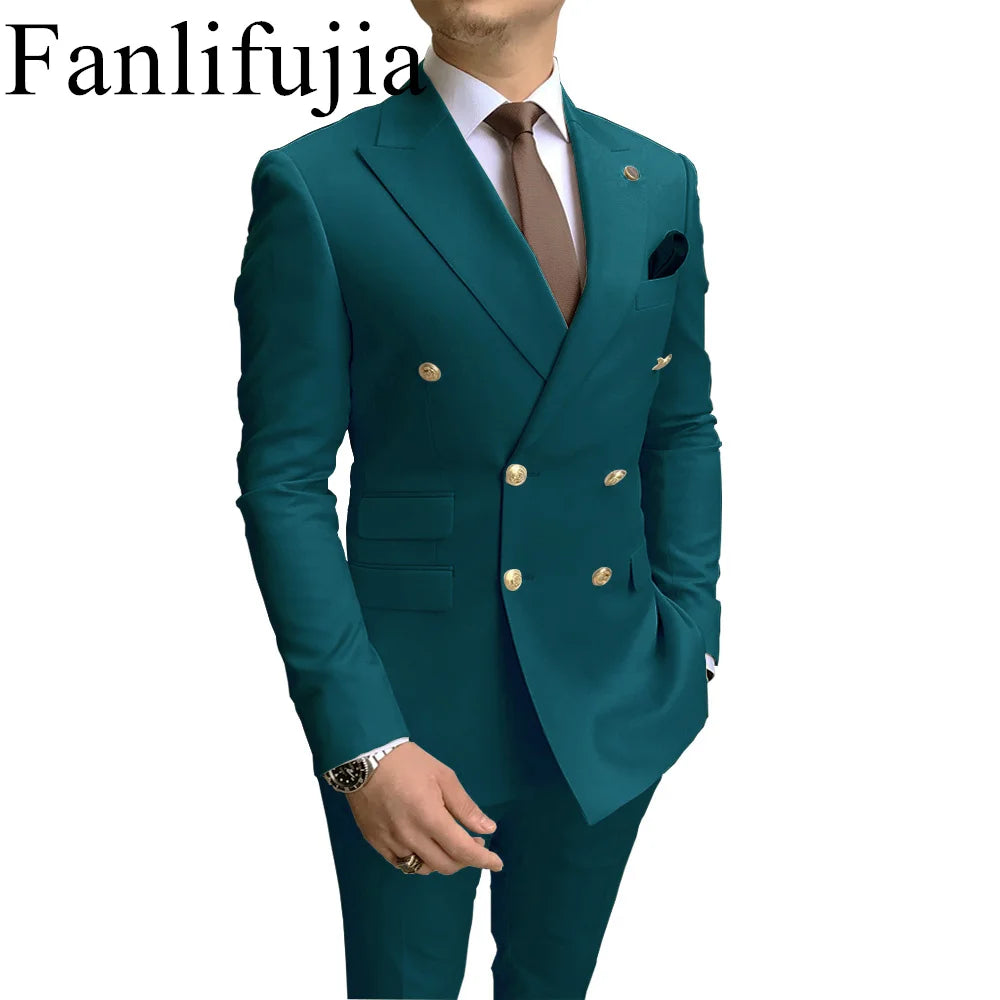 Fanlifujia Store Navy Men Party Tuxedos 2 Pieces Latest Peak Lapel Men Suits Gold Buttons Fashion Style Suits Double Breasted