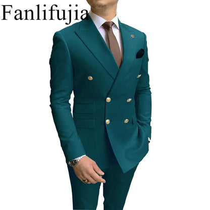 Fanlifujia Store Navy Men Party Tuxedos 2 Pieces Latest Peak Lapel Men Suits Gold Buttons Fashion Style Suits Double Breasted