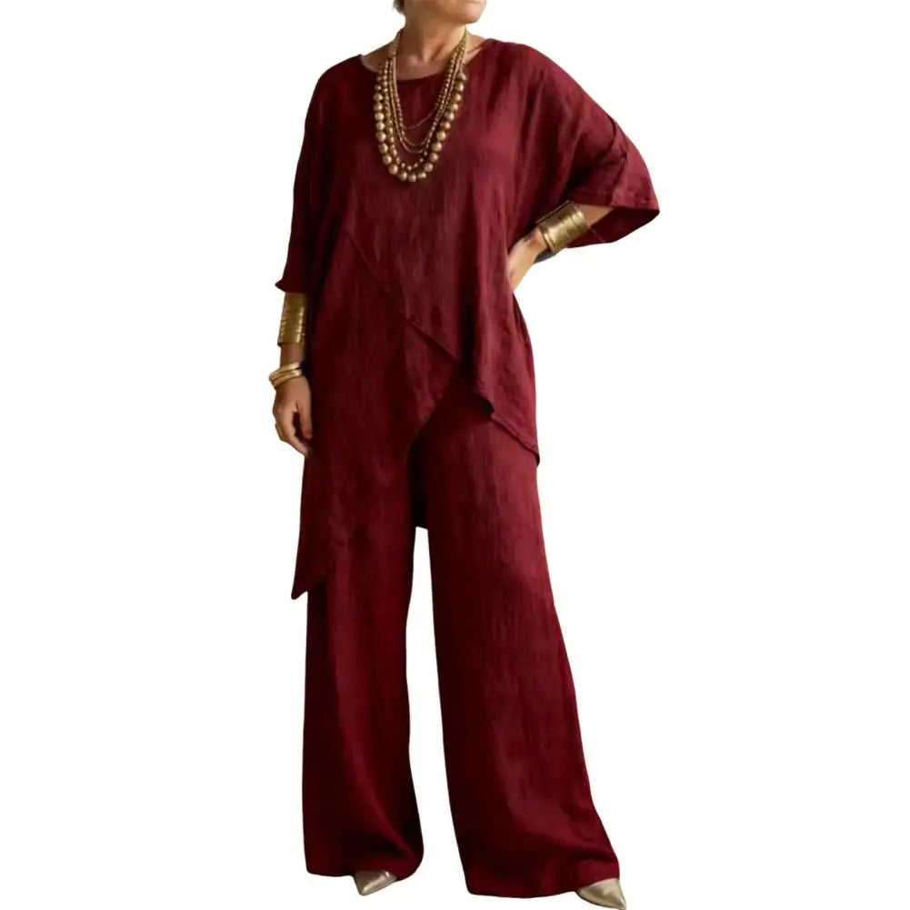 Matching Lounge Sets Women 3/4 Sleeve Top And Wide Leg Pants Cotton Linen 2 Piece Set