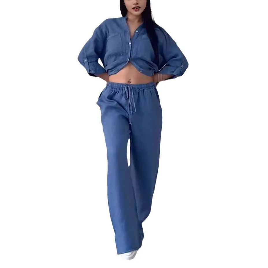 Autumn Cotton And Linen Pant Sets Women Fashion Long Sleeve Shirts Lace Up Pant Two Piece Set Casual Loose Wide Leg Pants Suit