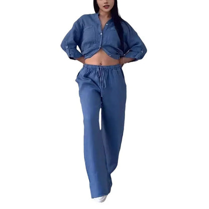 Autumn Cotton And Linen Pant Sets Women Fashion Long Sleeve Shirts Lace Up Pant Two Piece Set Casual Loose Wide Leg Pants Suit