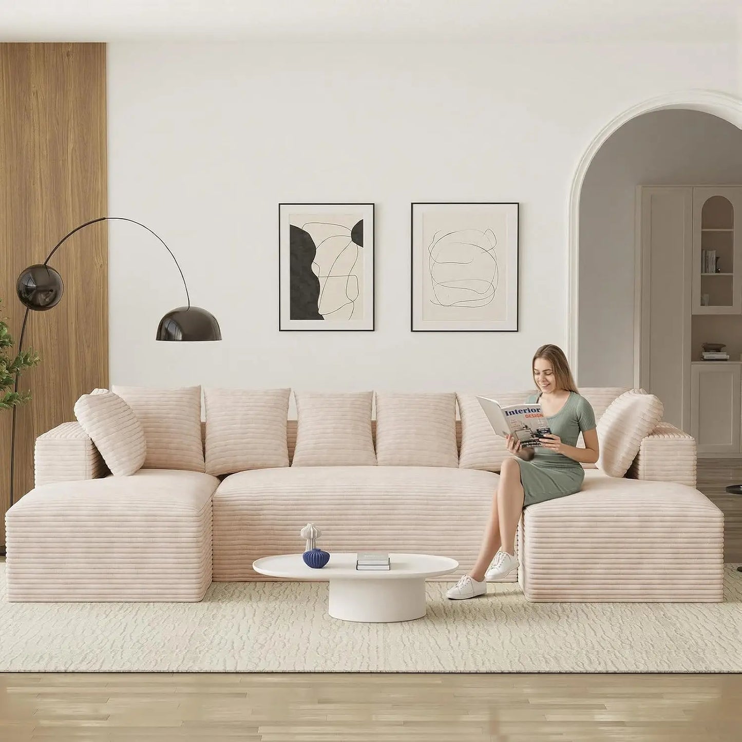 131" Oversized Cloud Boneless Couch Sofa with Chaise, Black, Custom