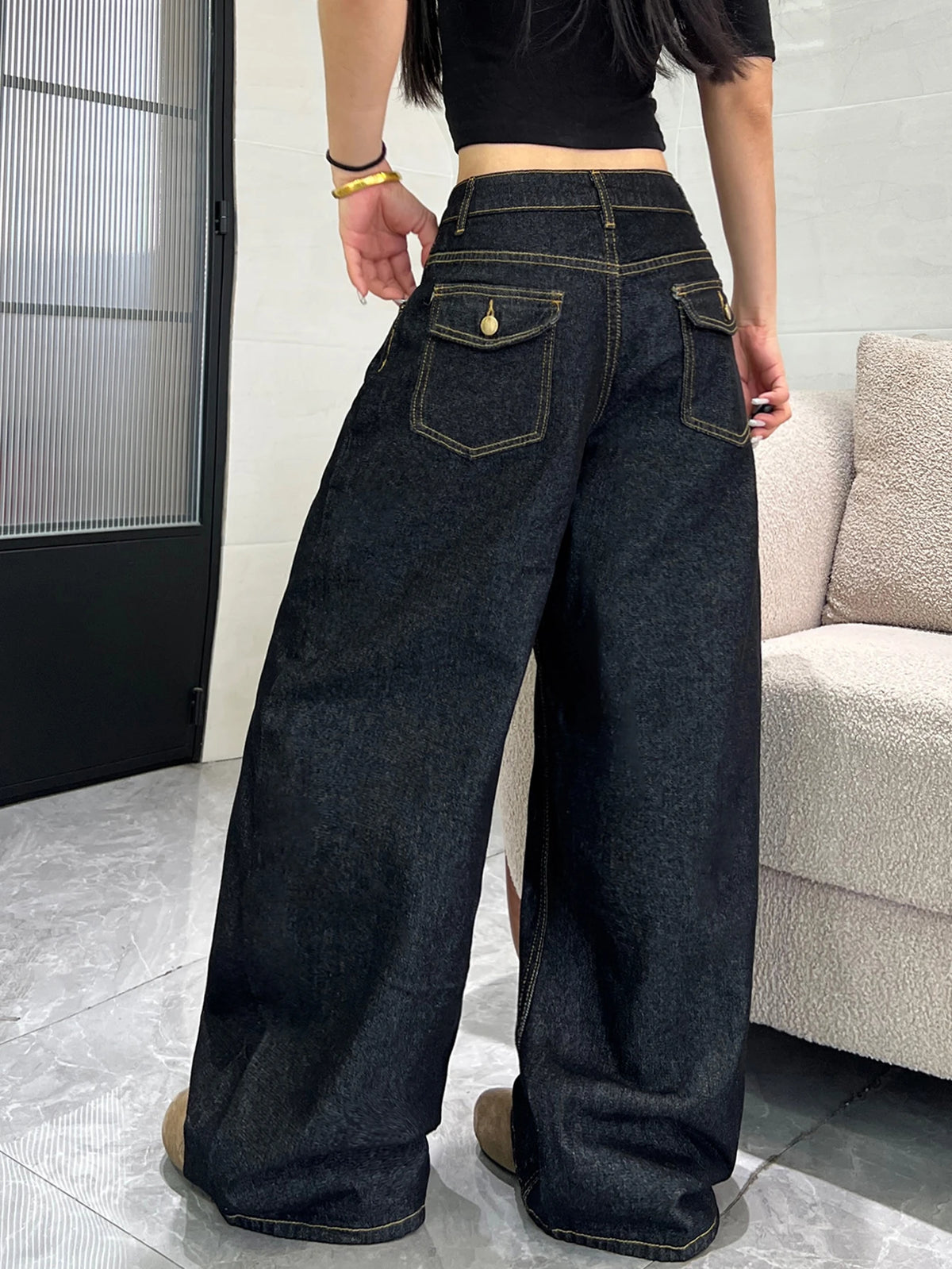 Women's Classic Black Loose American-Style Jeans, Trendy And Versatile Casual Wide-Leg Pants