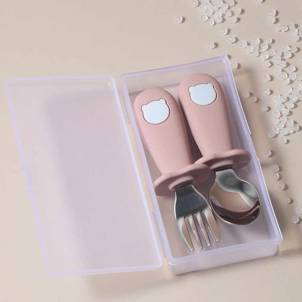 Custom Name Baby Panda Spoon Fork Set | First Self Feeding Utensils for Toddlers Stainless Steel Weaning Set with Travel Case