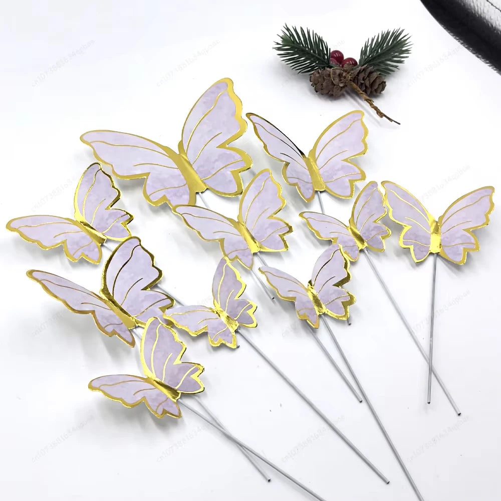 DIY Stamping Gold Pink Butterfly Cake Toppers Happy Birthday Cake Decoration Wedding Party Decor Shower Dessert Baking Supplies
