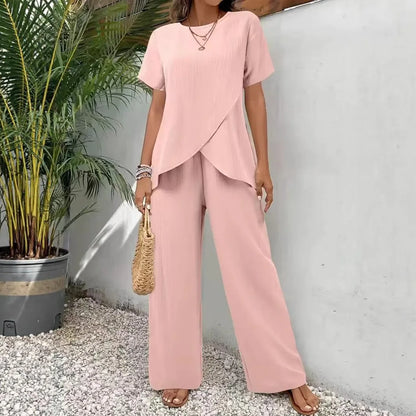 2 pieces women sets 2026 summer short-sleeved irregular round-neck loose top+casual solid color pant sets women's clothing