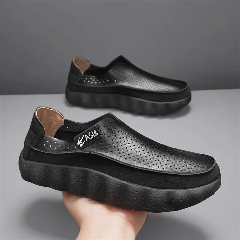 Fashion Men's Casual Shoes Outdoor Non-slip Walking Footwear Comfortable Loafers Thick-soled Leather Platform Driving Shoes