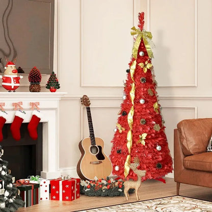 6FT Prelit Full Pop Up Christmas Tree with 150 Warm LED Lights, Gold and Red Ribbon, Bows, Balls Ornaments Easy Assemble Collapsible Xmas Trees Holiday Party Decor