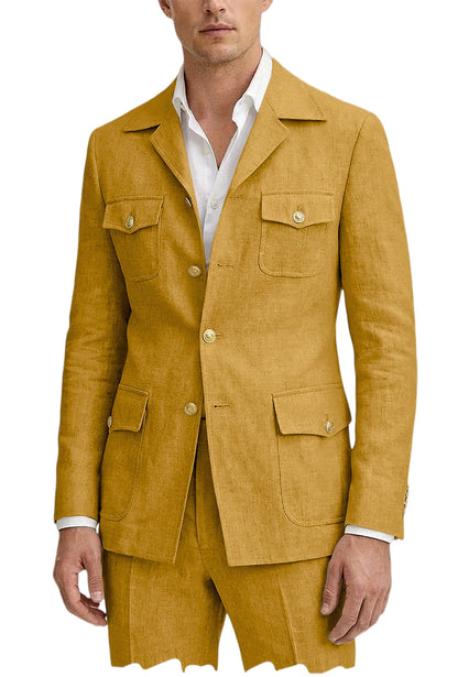 Men's Linen Suit 2 Piece Blazer Pants Set Multi-Pocket Safari Style Slim Fit Formal Business Casual Jacket Trousers for Summer