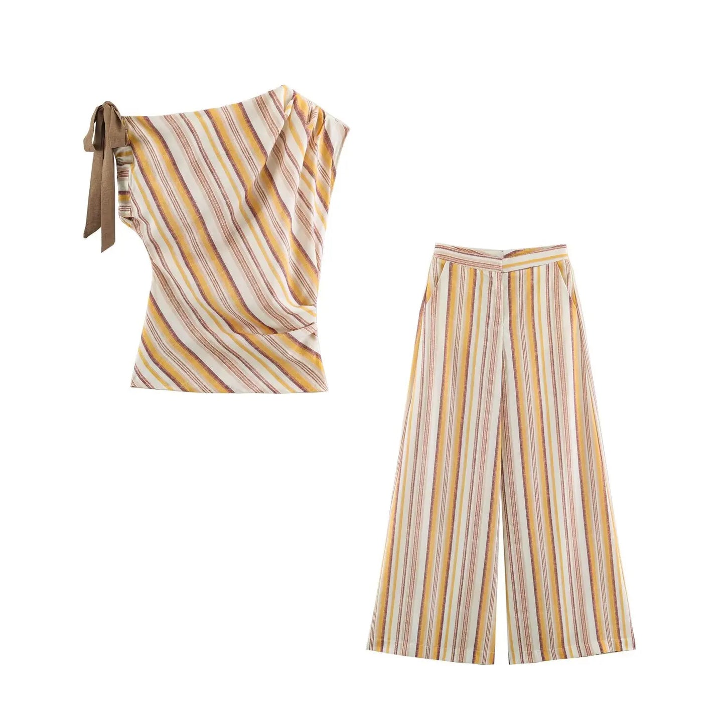 HH Women Summer Elegant Striped 2 Piece Outfit One Shoulder Top Wide Leg Pants For Dinner Date Party Vacation Holiday Wear