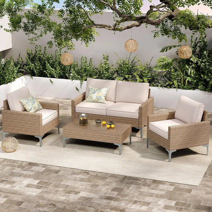 4-Piece Patio Furniture Set, Outdoor Wicker Sectional Sofa with Coffee Table, Anti-Slip & Thick All-Weather, Customized
