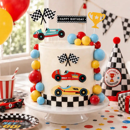 1set Racing Car Cake Topper Checkered Flag Trophy Happy Birthday Cake Decor For Boys Race Car Theme Birthday Party Supplies