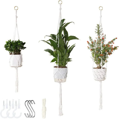 3‑Pack Macrame Plant Hangers, Bohemian Cotton Hanging Plant Holders with Complete Mounting Hardware for Indoor Outdoor Decor