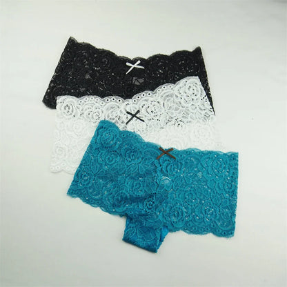 3PCS Transparent Boyshorts Women Underwear Lace Boxers Ladies Plus Size M-XXL Hollow Out Floral Panties Femme Intimates