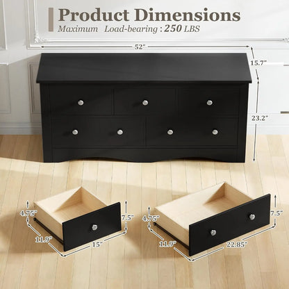 5 Dresser for Bedroom,TV Stand for Living Room, Black| 52" Wood Dresser, Chest of Drawers, for TV up to 65 inch,15.7Dx52Wx23.2H