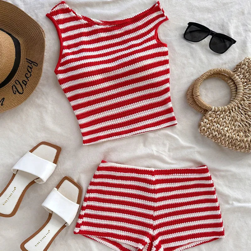 Women's Summer Short Two-piece Set New Vacation Style Striped Slim Fit Slim  Slimming Vest Hip Hugging Short Pants Set For Women