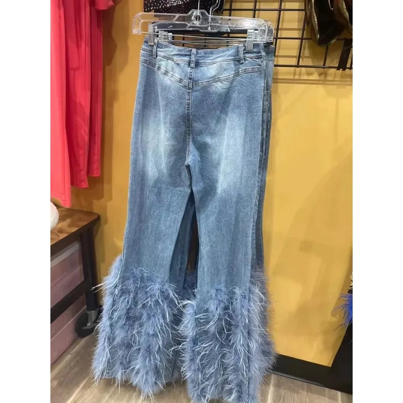 Women's Jeans Tassel Holes Vintage Feather High Waist Y2K Streetwear Casual Denim Pant Autumn Slim Beading Hollow Out Trousers